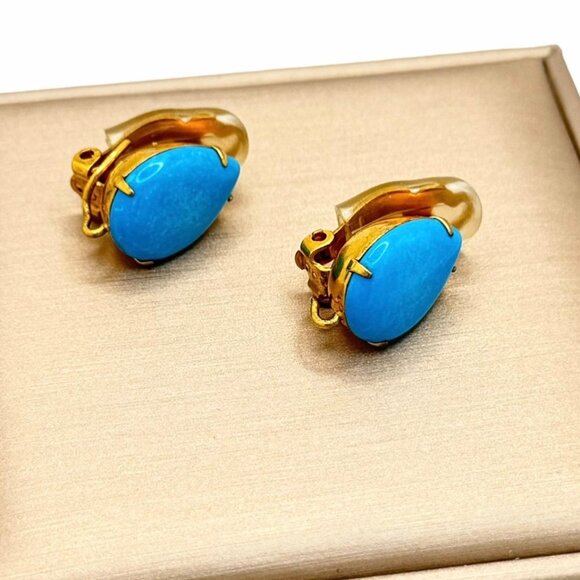 Bounkit Chandelier Earrings 14K Gold Plated Turquoise Pearls Clip-On 2-Ways - Picture 8 of 9
